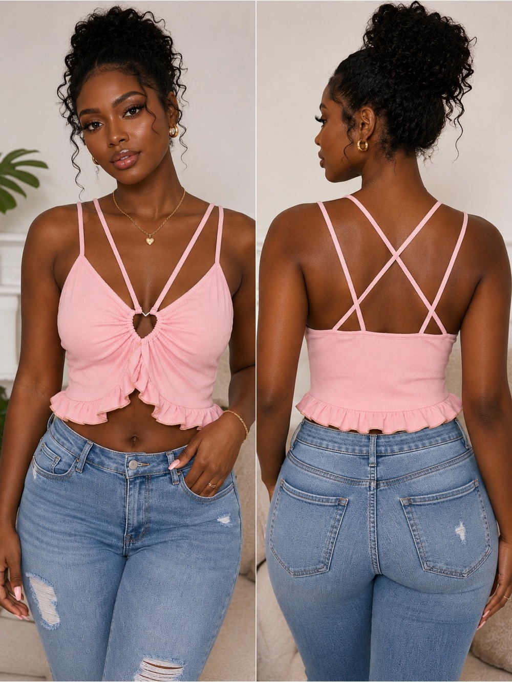 BNWT ROMWE Pink Ribbed Heart Ring Ruffle Crop Cami Top Plus Size 1XL